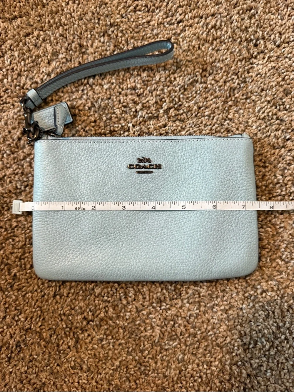 COACH Light Blue Wristlet with Gunmetal Hardware